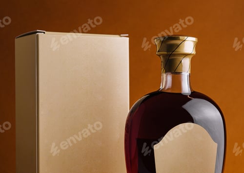 Preview: Bottle of alcohol with blank label and cardboard packaging standing on orange background
