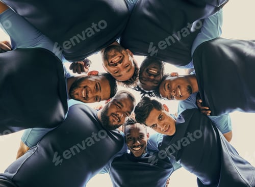 Preview: Low angle, fitness or rugby team in huddle with support or solidarity for competition, training gam