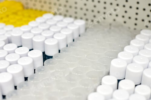 Preview: Plastic cylindrical jars with round caps in raw on shelf
