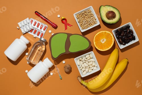Preview: Paper mockup of liver, pills and food on orange background, top view