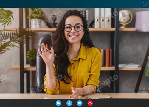 Preview: Happy young woman wave talk on webcam or having conversation for job video call