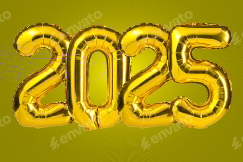 New Year 2025 celebration. Golden Yellow foil color balloons. 2025 balloons. On yellow background.