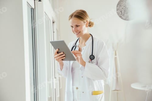 Female Doctor Checks Patient Records on Tablet