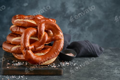 Preview: Oktoberfest concept card. Traditional Bavarian pretzels with beer bottle mug on old dark black rusti