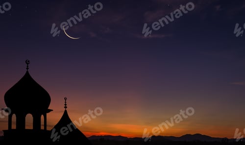 Preview: Crescent moon over dome mosques on dusk sky in the evening on twilight religion of Islamic
