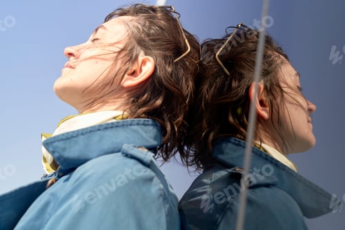 Preview: Close-up of a young woman with the wind in their hair wearing matching blue jackets