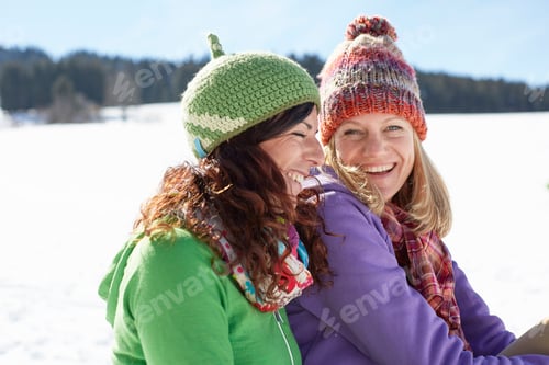 Preview: Two friends sharing a joyful moment in the snow