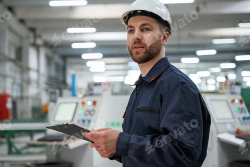Preview: Looking far away, holding notepad. Factory worker is indoors with hard hat