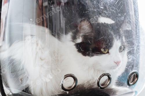 Preview: One calm cat sits in a backpack in a veterinary clinic.