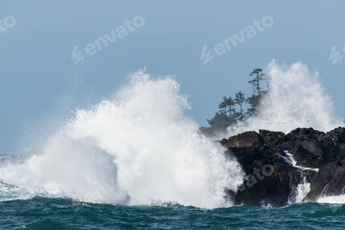 Preview: Wave crashing on a rocky coastline in Big Beach, Ucluelet, Vancouver Island, BC Canada