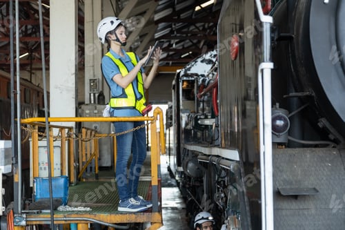 Preview: Portrait of Engineer train Inspect the train's diesel engine, railway track in depot of train