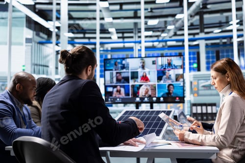 Preview: Factory management team doing internet videocall with investors to show report