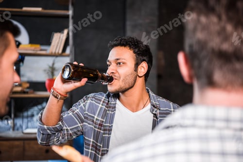 Preview: Group of young people having fun and drinking beer at home