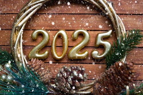 Visualização: Feliz Ano Novo, números dourados de 2025 em aconchegante fundo de madeira marrom festivo com lantejoulas, neve, luz