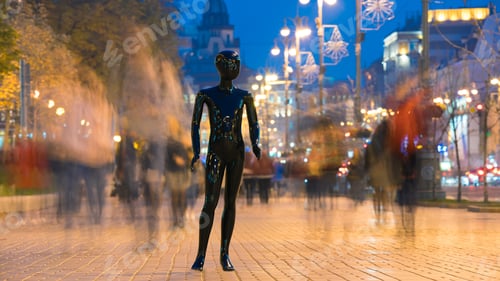 Preview: The black mannequin standing on the evening street with people
