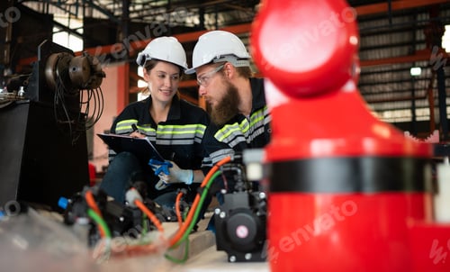 Preview: Both of engineers installing a small robotic arm is being installed for testing.