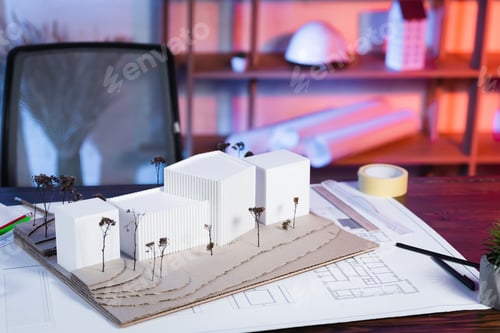 Preview: constructions models near blueprint on desk in architectural bureau