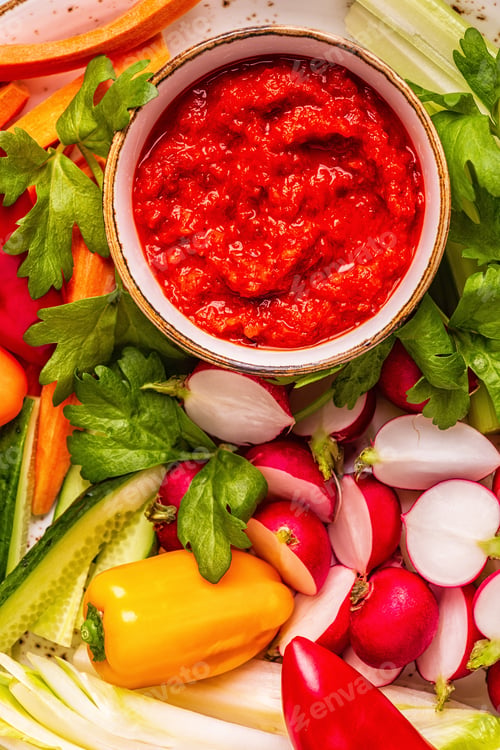 Preview: Plate with fresh, raw vegetables and sauce.
