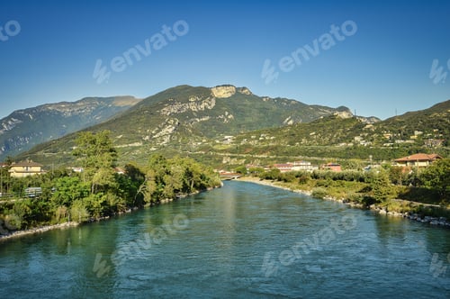 Preview: river Sarca, lake garda, Riva, Nago, Torbole. landscape with water, plants, mountains, blue sky