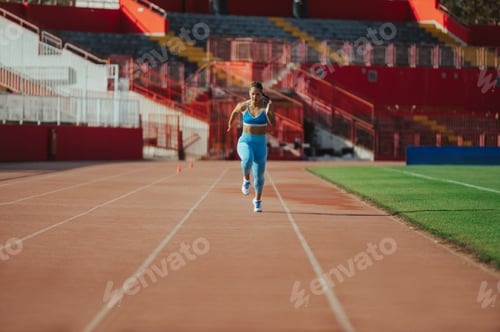 Preview: A fast female sprinter is sprinting towards camera on stadium.