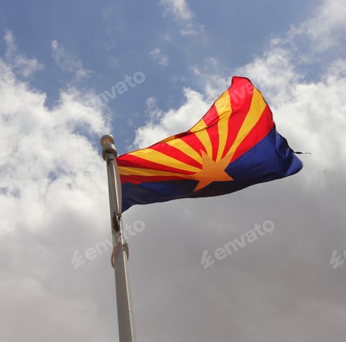 Preview: Arizona State Flag. It consists of 13 rays of red & weld-yellow on the top half.