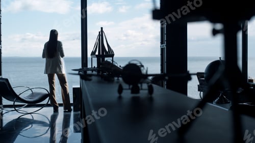 Preview: Woman silhouette resting sea view office. Company ceo looking panoramic window