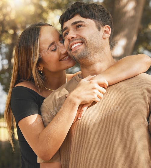 Preview: Couple, love and happy outdoor, hug and smile for a relationship, care and romantic date in summer.