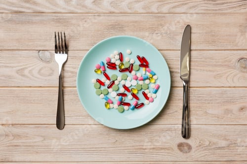 Preview: Many different weight loss pills and supplements as food on round plate. Pills served as a meal