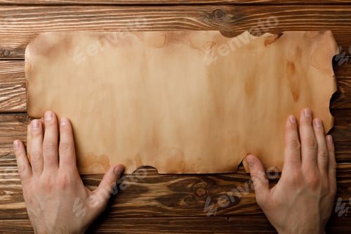 Preview: top view of man holding hands near aged parchment sheet