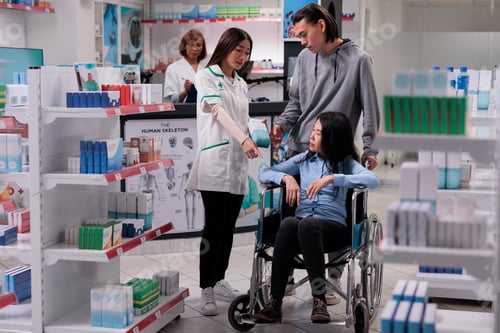 Preview: Young man and adult in wheelchair buying medicine