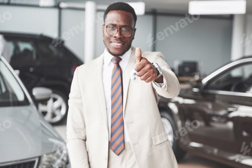 Preview: Young black businessman on auto salon background. Car sale and rent concept