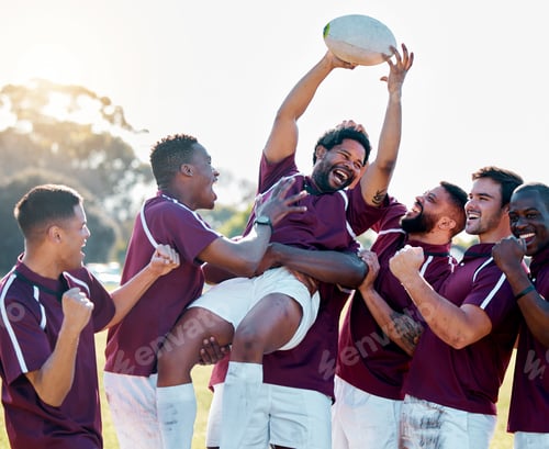 Preview: Sports, winner and rugby team with ball in celebration for winning match, game and sport competitio