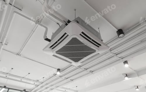 Preview: Ceiling mounted cassette type air conditioner in building system work. Ventilation compressor.