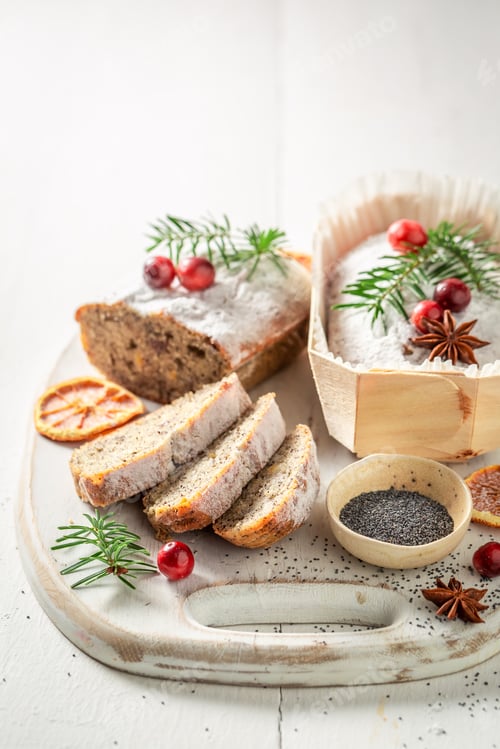 Preview: Tasty poppy seed cake for Christmas on white table