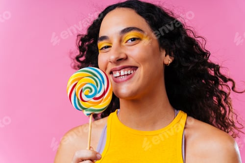 Preview: Creative studio portrait of beautiful hispanic woman with diastema