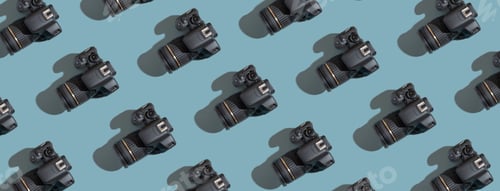 Preview: Banner with pattern from many cameras on colored background. World Photography Day concept
