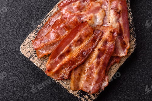 Preview: Fried pork bacon slices or strips as a breakfast ingredient. Fried bacon