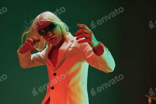 Preview: Stylish man in a sleek white suit posing dramatically with long white hair and sunglasses against a