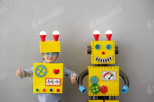 Preview: Happy child with robot have an idea