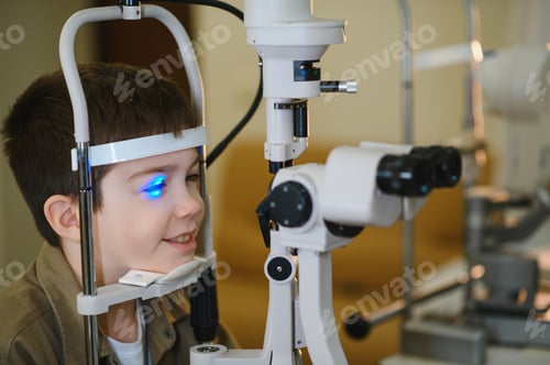 Preview: Boy undergoing eye exam with modern ophthalmic equipment in clinic