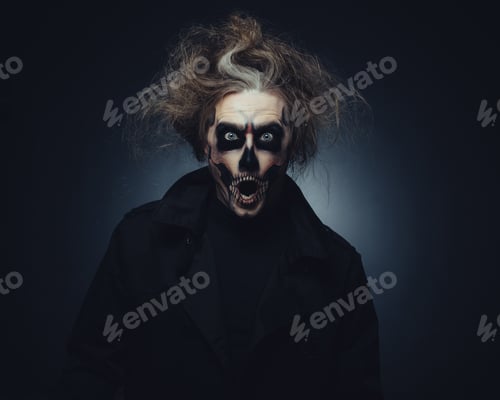 Preview: Skull makeup portrait of young man. Halloween face art.