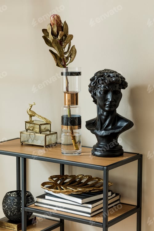 Preview: Stylish and floral composition of beautiful flowers in modern vases on the design shelf.