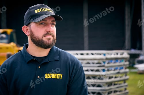 Preview: Male Security Team Member Outdoors As Stage For Music Festival Or Concert Is Set Up