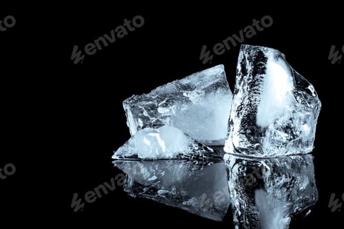 Preview: Pieces of clear ice on black mirror surface, space for text