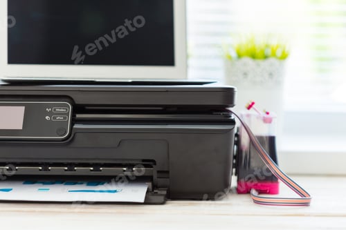 Preview: Printer and computer. Office table