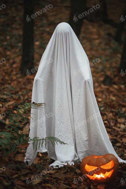 Preview: Spooky ghost holding glowing jack o lantern in moody dark autumn forest