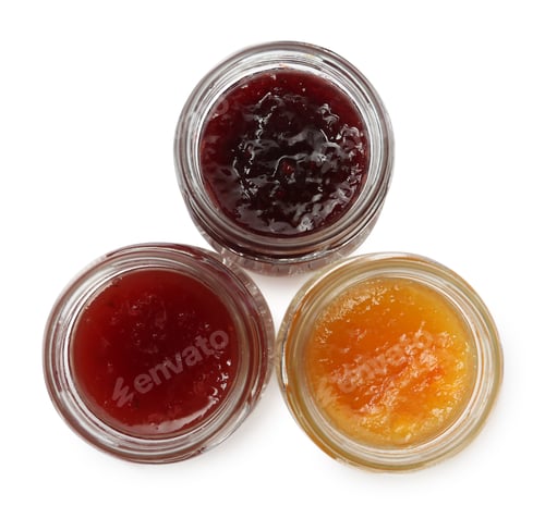 Preview: Jars with different jams on white background, top view