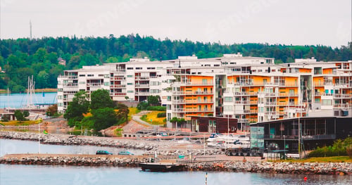 Preview: Sweden. Cityscape Panoramic View On Red Swedish Suburb With Mult