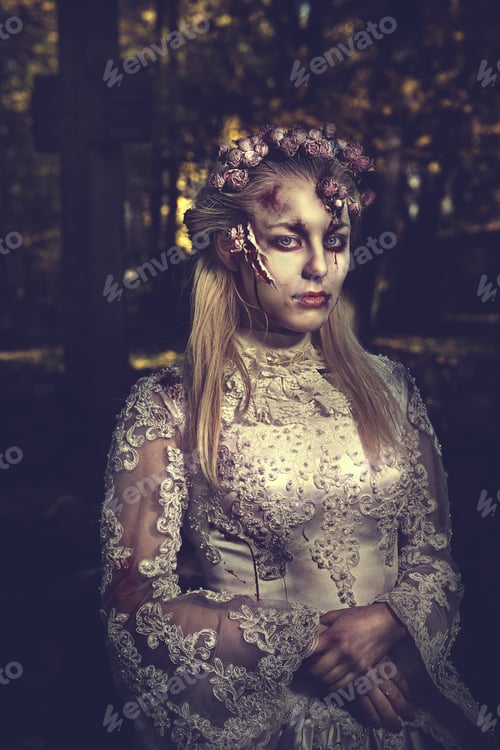 Preview: Dressed in wedding clothes romantic zombie woman.