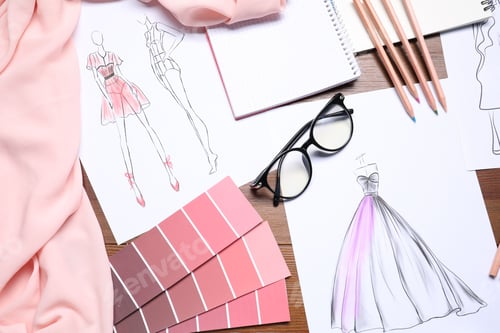 Preview: Sketches of stylish clothes and other fashion designer`s supplies on wooden table, flat lay